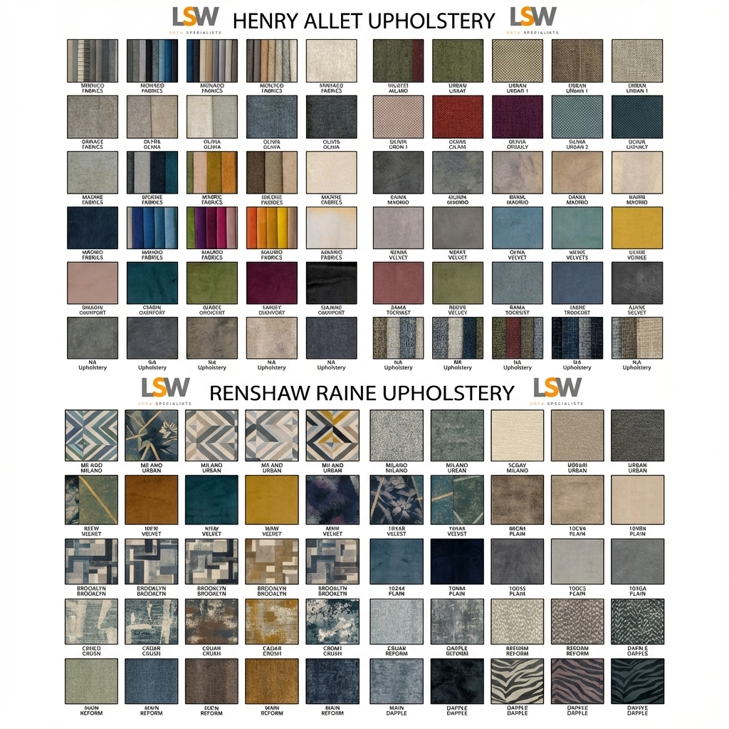 A variety of fabric swatches for bespoke sofa customisation, showing colours and textures.